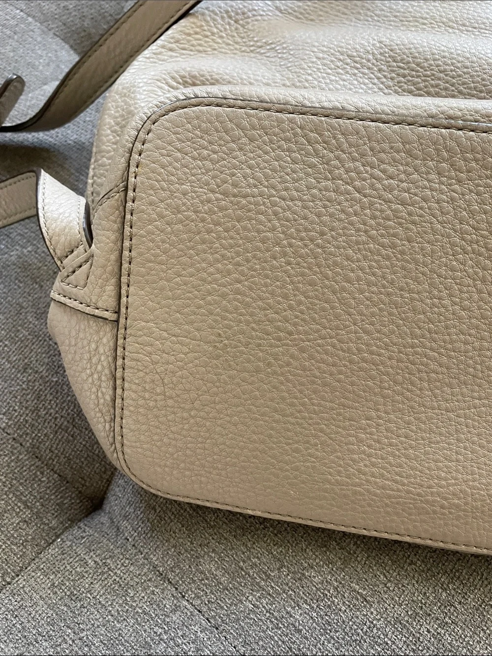 Tory Burch Pebbled Leather Tassel Backpack in Taupe Beige VG Cond